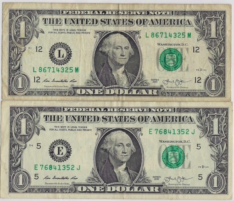$1 Bills Set of 2 Unique Serial Numbers 2013! AF1