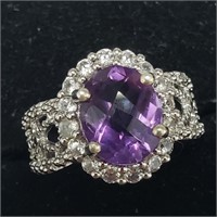 $200 Silver Amethyst 5.6g And Cz (2.8ct) Ring