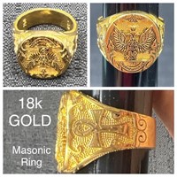18k Masonic Free Mason Gold Ring- Marked 750
