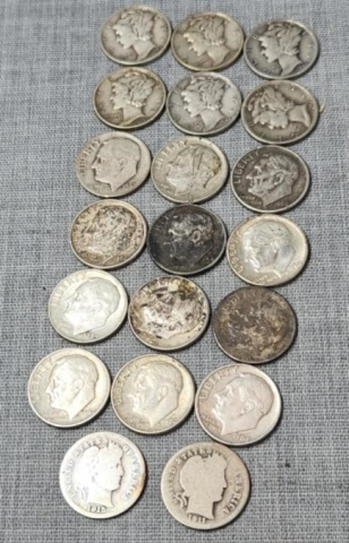 20 Silver Dimes including 6 Mercurys, 12