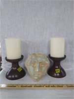 Two Large Candle on Wood Pedestals & Planter