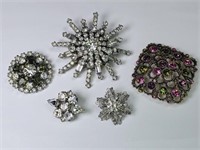 5 Vintage Rhinestone Brooches: S. Coventry, Le Rel