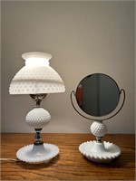 Milk Glass Hobnail Style Table Lamp + Mirror