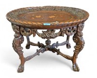 Antique Walnut Carved & Inlaid Oval Table.