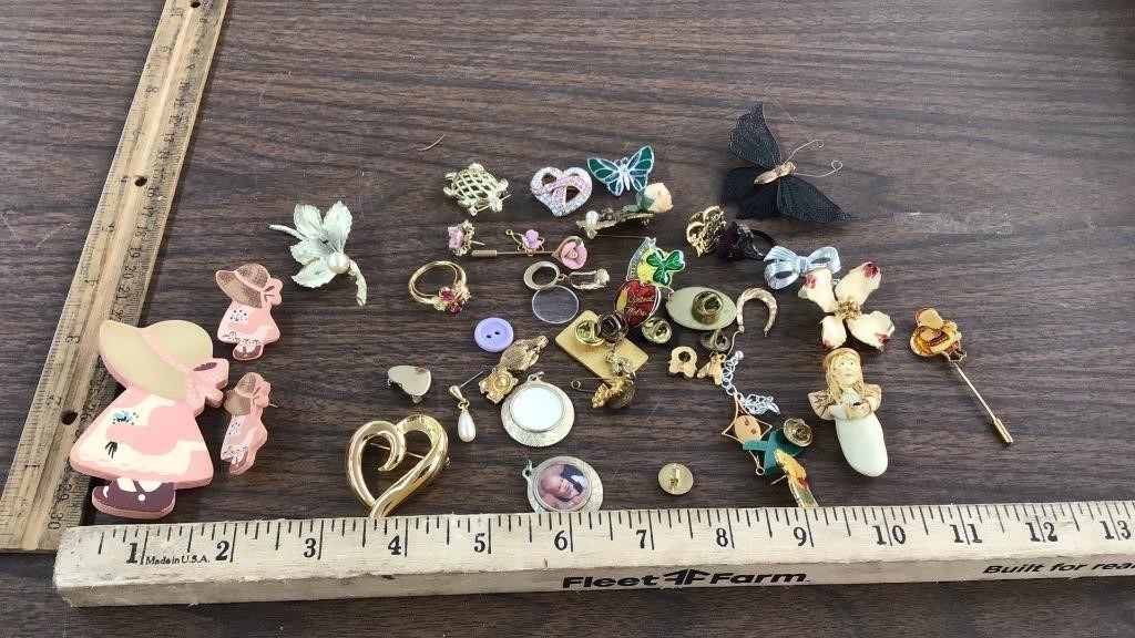 Misc pins, earrings, rings
