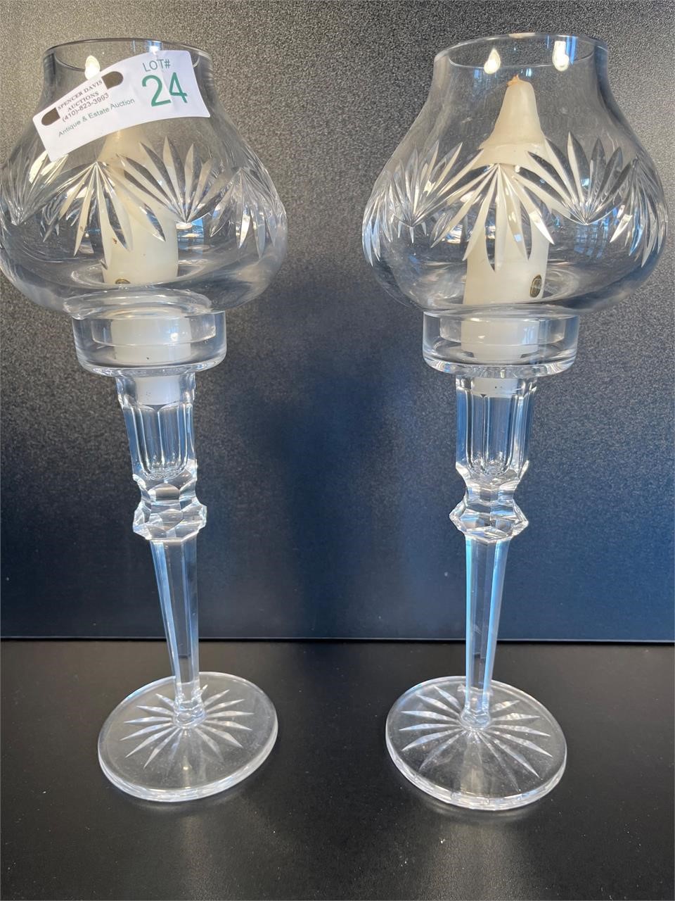 Pair of Waterford Candlesticks w/ Hurricane Globes