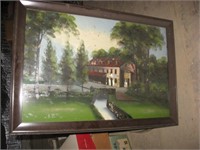 3 Reverse Glass Paintings of Water Powered Mill