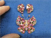 pink rhinestone butterfly brooch & clip earrings