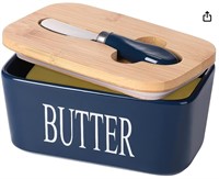 Ceramic Butter Dish w/ Wooden Lid & Butter Knife
