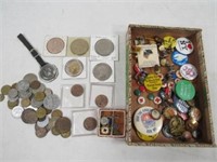 FOREIGN COINS, PIN BACK BUTTONS, COMMERATIVE COINS