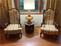 Pair of VTG Wood Wingback Chairs w/ 70s Upholstery