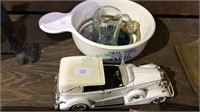 1933 cadaliic town car, bowl , belt, Coke glass,