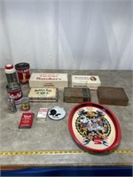Vintage cigar boxes, advertising cans, thermos,