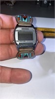 Sterling Zuni design inlayed watch agate marked