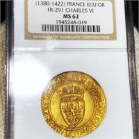 1380-1422 French Gold Ecu'or NGC - MS62 FR-291