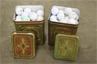 VINTAGE FLOUR/SUGAR TINS FULL OF GOLF BALLS,