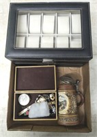 WATCH AND JEWELRY CADDY, CIGAR BOX CONTENTS, STEIN