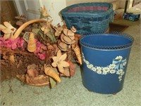 painted tin waste basket, etc.