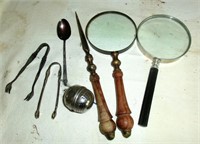 2 magnifiers, 2 olive tongs, Netherlands ornate