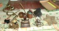 Lyre letter rack, water can, small brass bells,