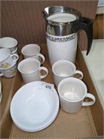 Corningware pitcher cups and 3 bowls