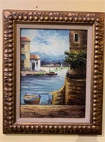 Vintage oil painting on canvas by L Peter - boat