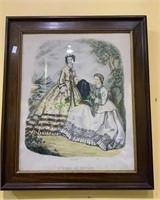Antique framed French fashion plate - two ladies