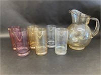 Amber Glass Picther and Six Footed Cups