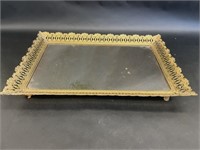 Gold Toned Floral Framed Mirror Tray