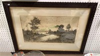 Antique framed engraving - Cabin by the Lake with