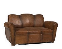 French Deco Leather Loveseat
