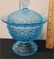 vintage blue glass candy dish with lid