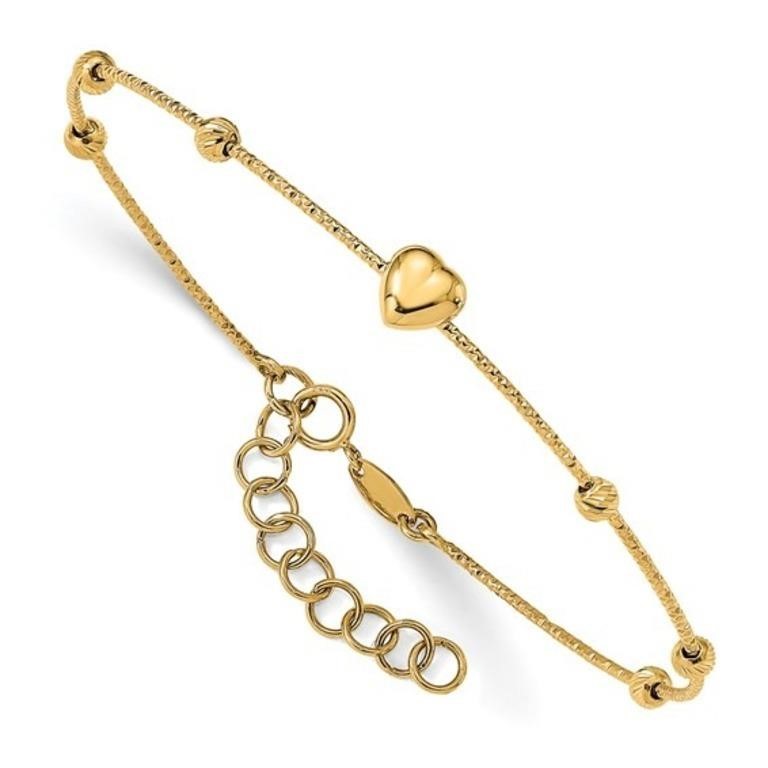 14K Beads with Heart Flexible Bangle Bracelet