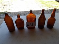 5) brown glass bottles