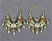 18K Gold, Enamel & Seed Pearl Earrings