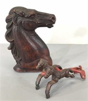 Composite Wood Book End & Small Cast Iron Horses