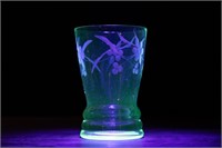 Antique Uranium Glass Cup with Floral Etching