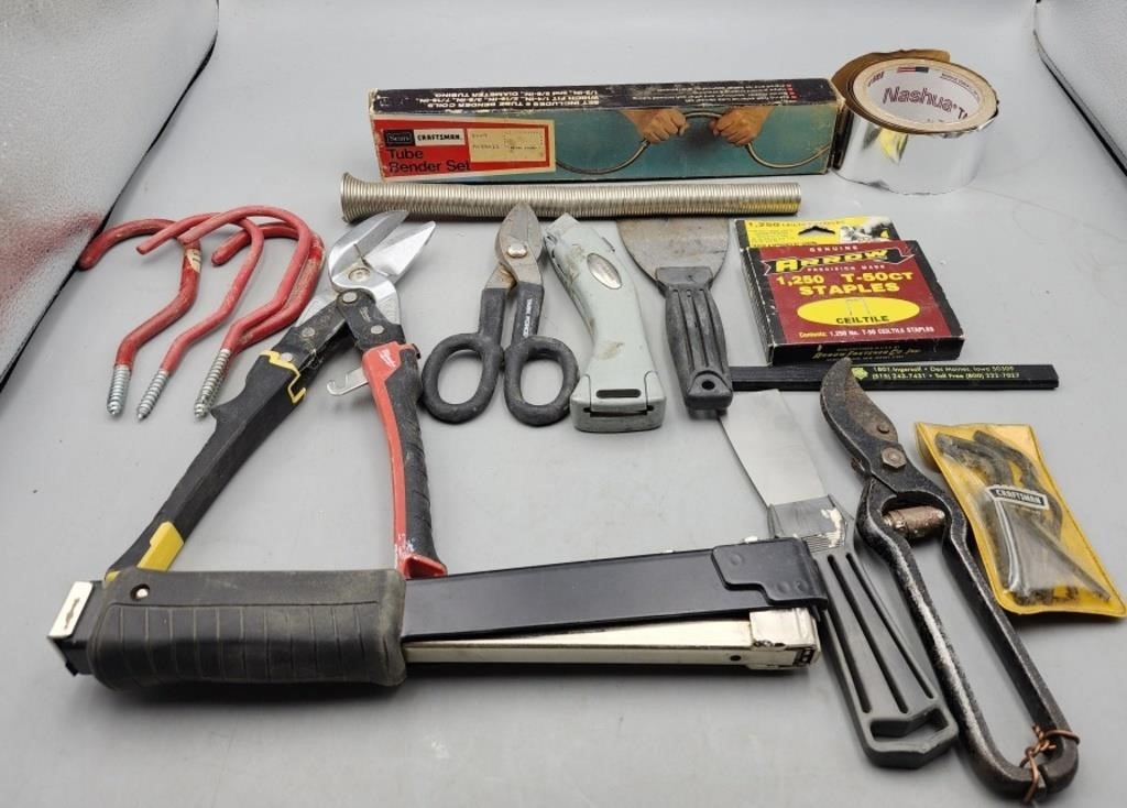 Assortment of Tools,Snips,Springs, Slap Stapler