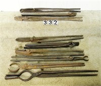 8 – Assorted, wrought iron blacksmith tongs, F-G
