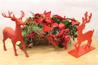 Christmas Floral Basket w Reindeers Statures