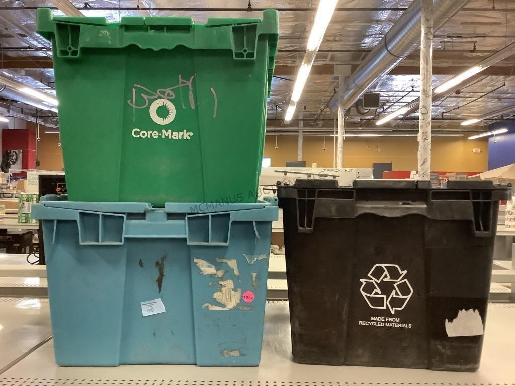 Three stacking storage totes with lids