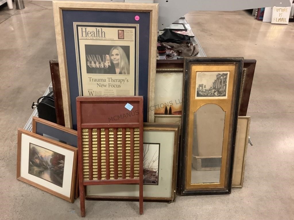 Framed paintings, Washboard, antique mirror and
