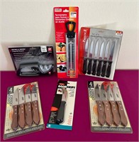 All NIB Steak Knife Sets, Henckels Sharpener ++