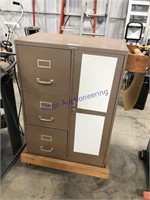 TAN CABINET ON WHEELS W/CONTENTS- TOWEL HOLDER