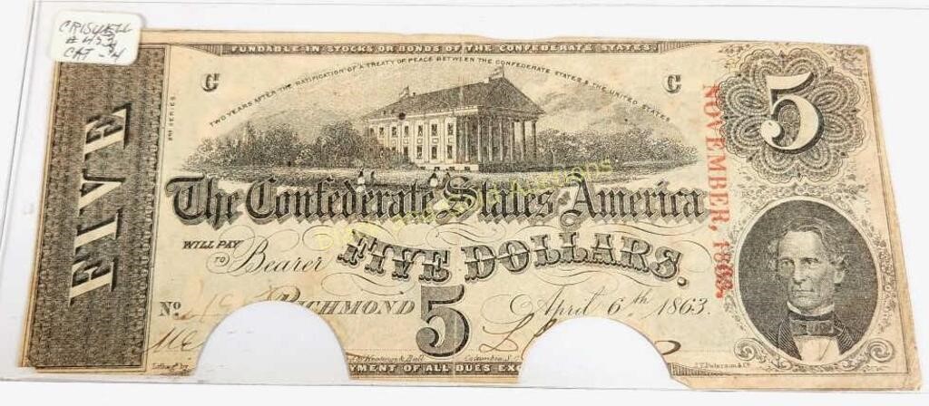 Authentic 1863 Cut-Canceled CSA $5 Note