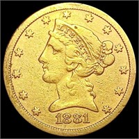 1881 $5 Gold Half Eagle NEARLY UNCIRCULATED