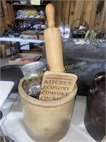 Stoneware crock with rolling pin and grinder