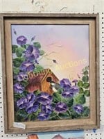 BIRDHOUSE AND FLOWER PAINTING ON CANVAS