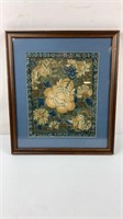 Framed antique embroidery textile 13.5"x15.5"