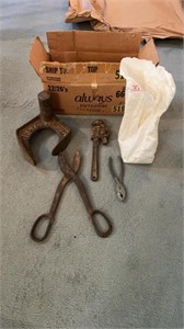 Box of vintage tools and bag of nails